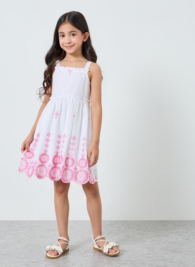 Styli Girls White Embroidered Hem Strappy A-Line Dress - Image 4